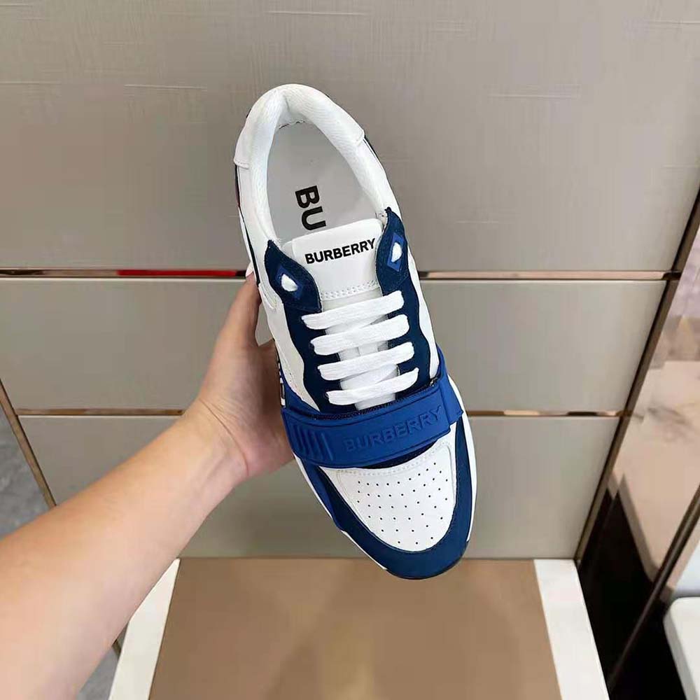 Top-down angle of Burberry Men Logo Print Leather Sneakers-Blue with laces