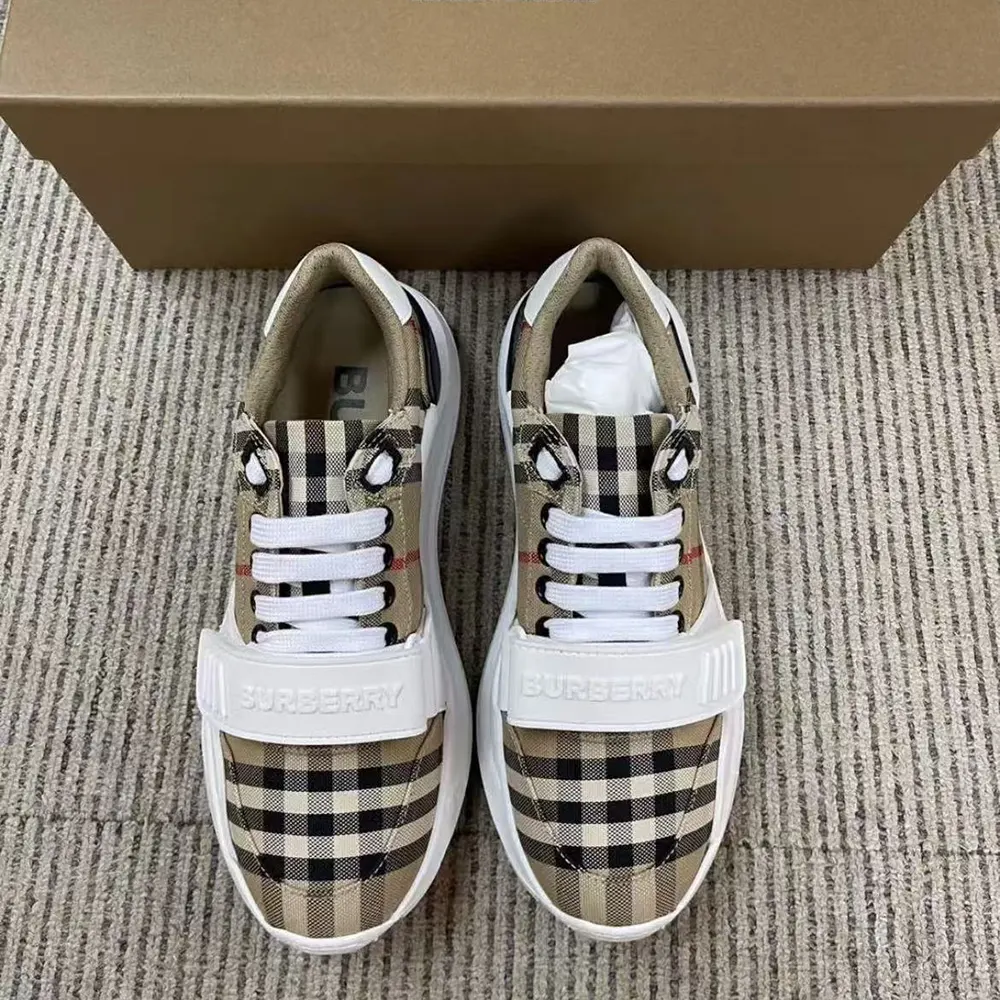 Close-up of iconic Burberry check detail on sneakers