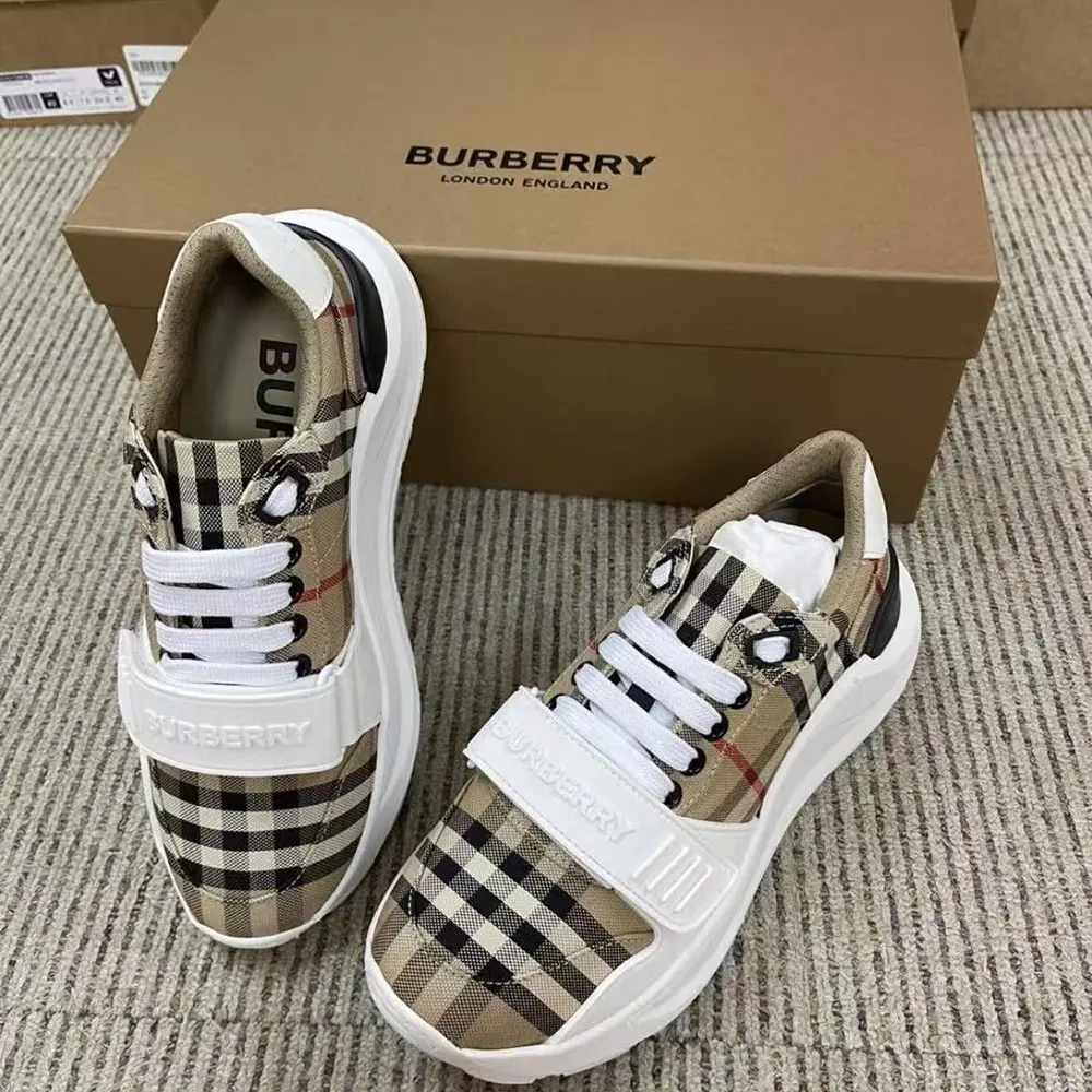 Burberry Unisex Check Suede and Leather Sneakers-White - image 4