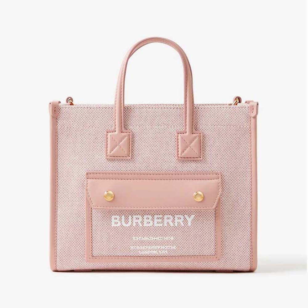 Front view of Burberry Women Mini Freya Tote-Pink with signature check