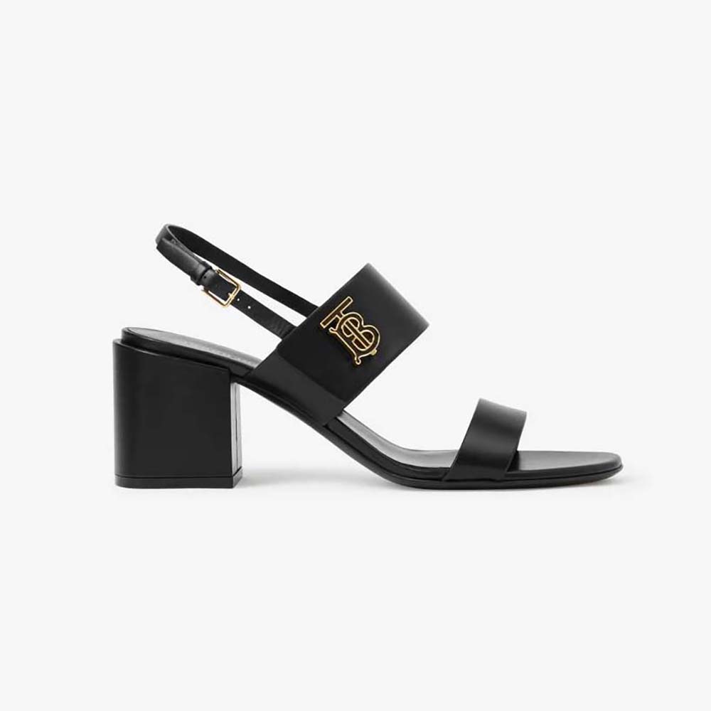 Side view of Burberry Women Monogram Motif Leather Sandals-Black showing heel and straps