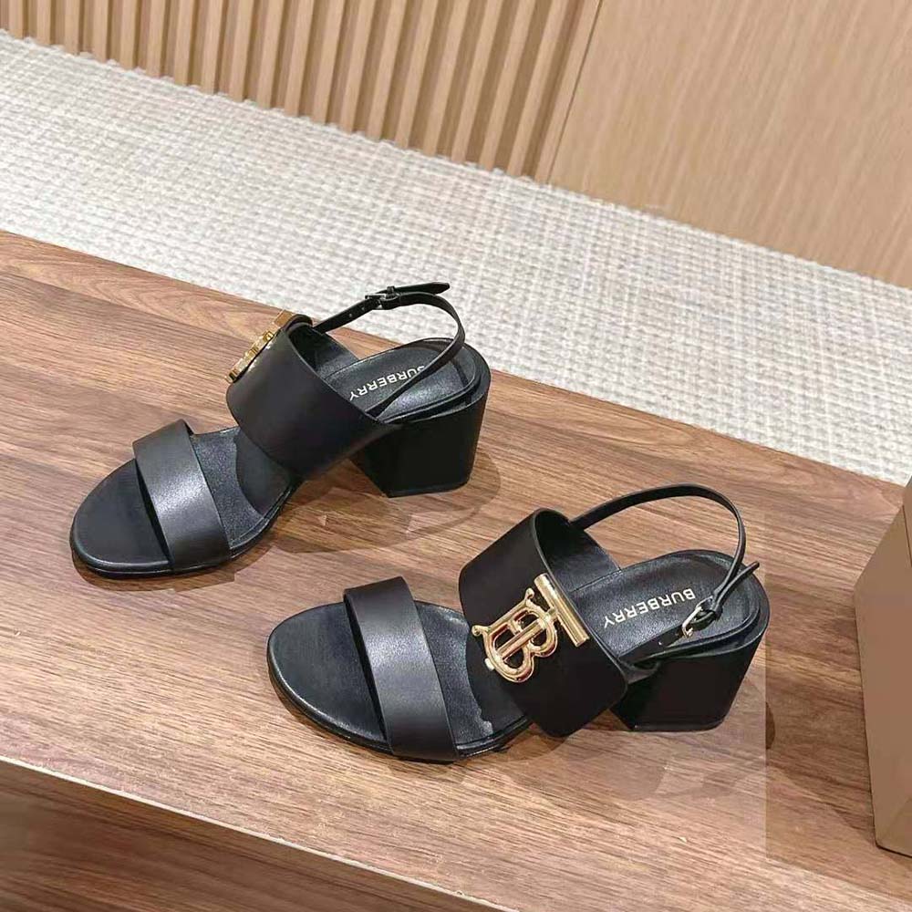 Top view of Burberry Women Monogram Motif Leather Sandals-Black highlighting buckle closure