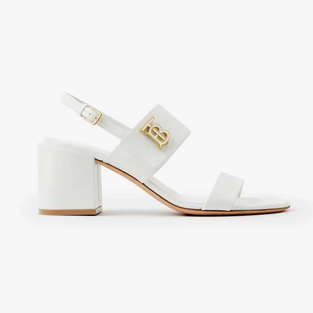 Side view of Burberry Women Monogram Motif Leather Sandals-White showing buckle