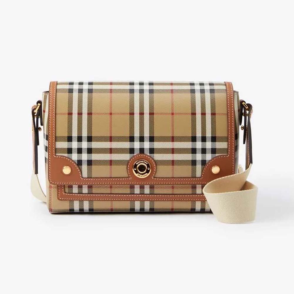 Front view of Burberry Women Note Bag with Logo-engraved Studs in brown leather