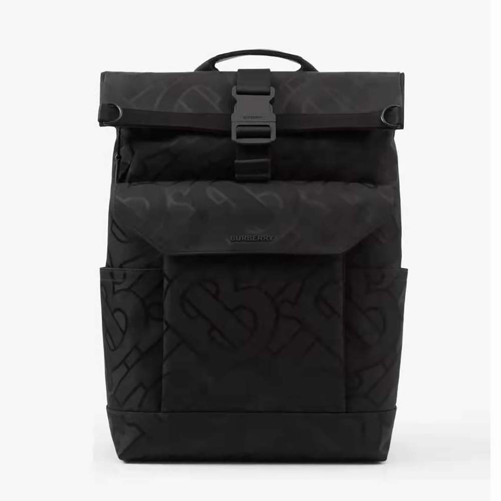 Front view of Burberry Men Orville Backpack with raised lettering