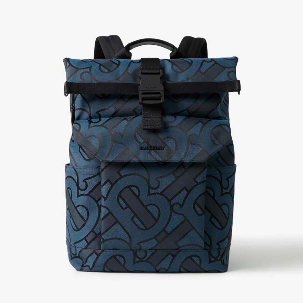Front view of Burberry Men Orville Backpack with raised lettering in navy leather