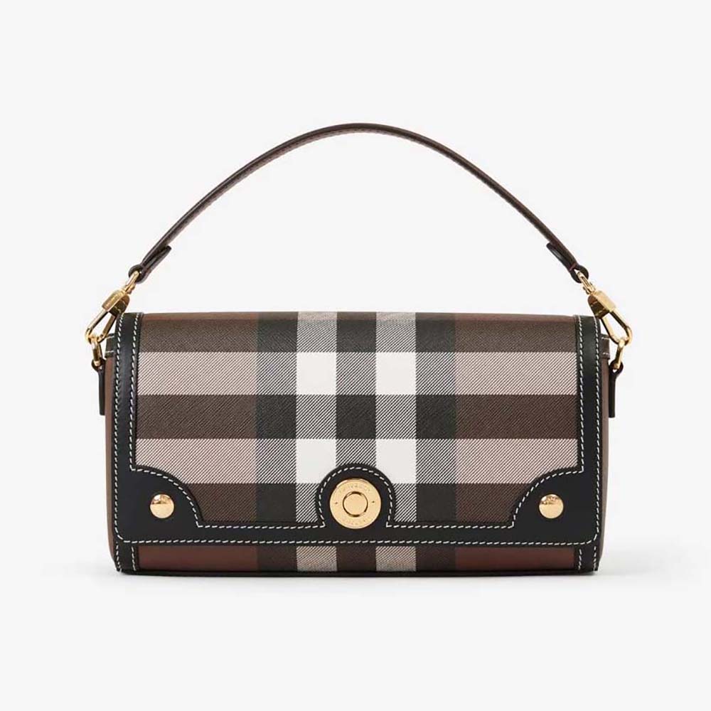 Front view of Burberry Women Top Handle Note Bag with logo studs