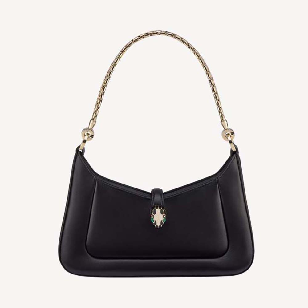 Front view of Bvlgari Women Serpenti Baia Small Shoulder Bag in black calf leather