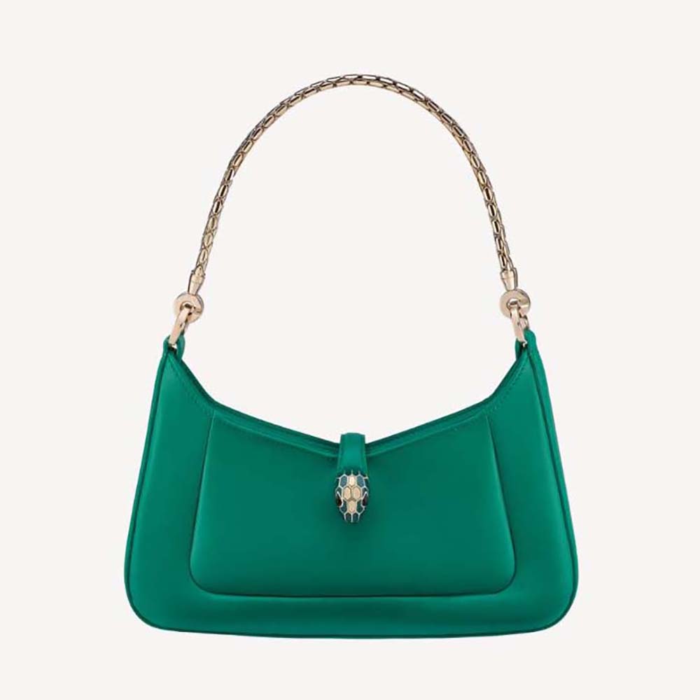 Front view of Bvlgari Women Serpenti Baia Small Shoulder Bag in green calf leather
