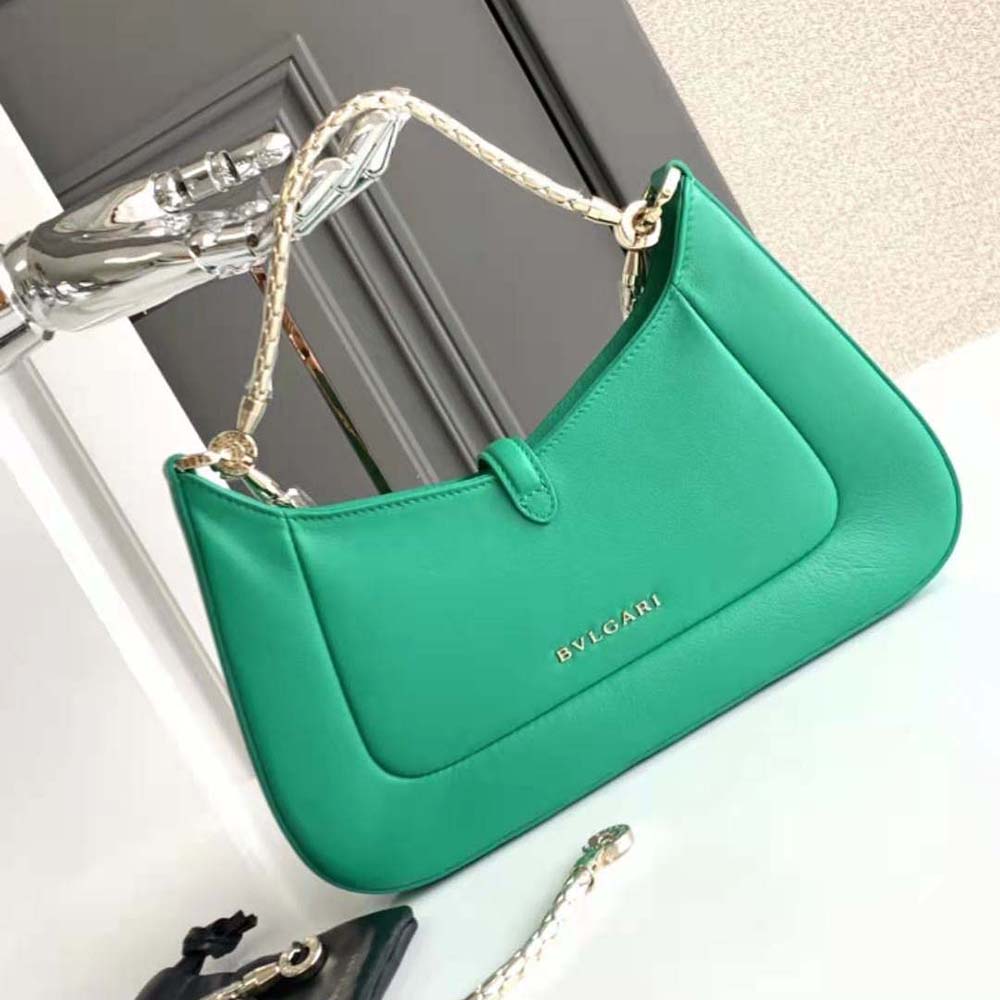 Side angle showing gold-tone hardware and silhouette of Bvlgari Women Serpenti Baia Small Shoulder Bag
