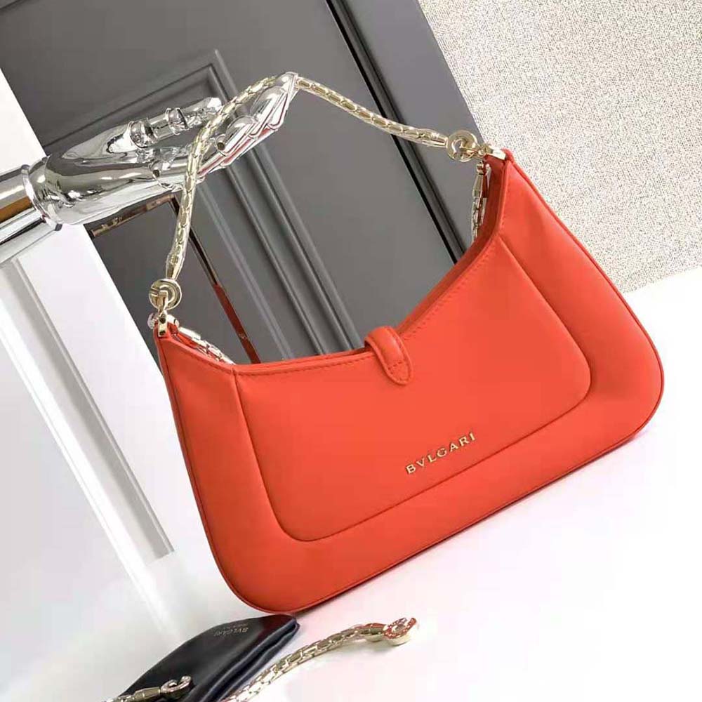 Side profile showing smooth calf leather on Bvlgari Serpenti Baia bag