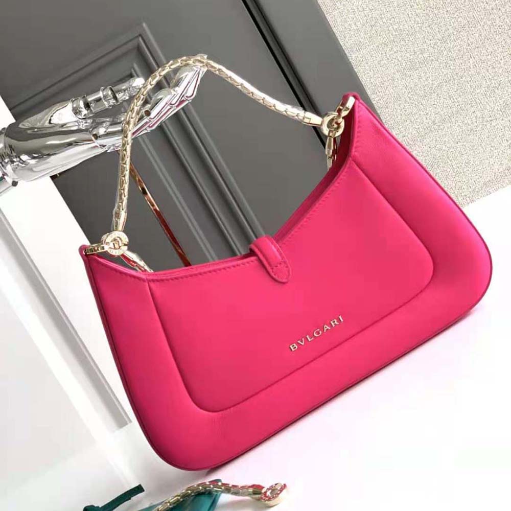 Side profile showing slim silhouette of Bvlgari Women Serpenti Baia Pink bag