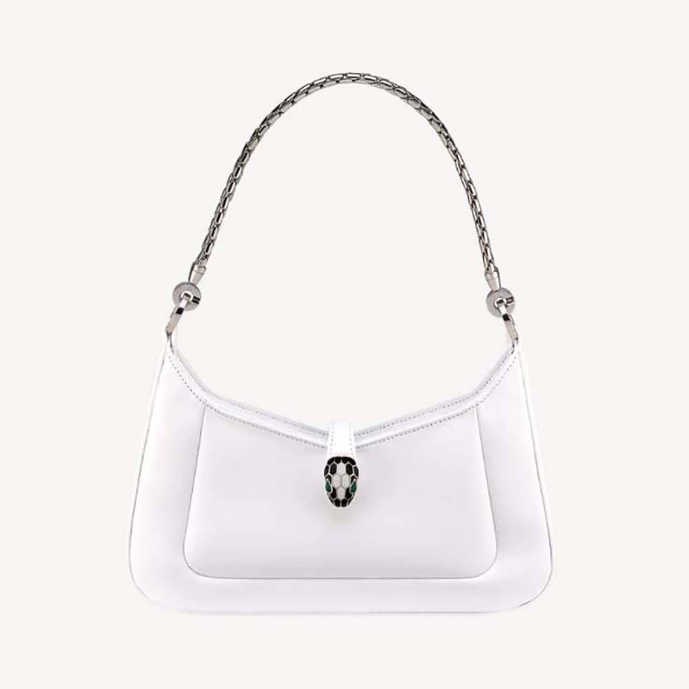 Front view of Bvlgari Women Serpenti Baia Small Shoulder Bag in white calf leather