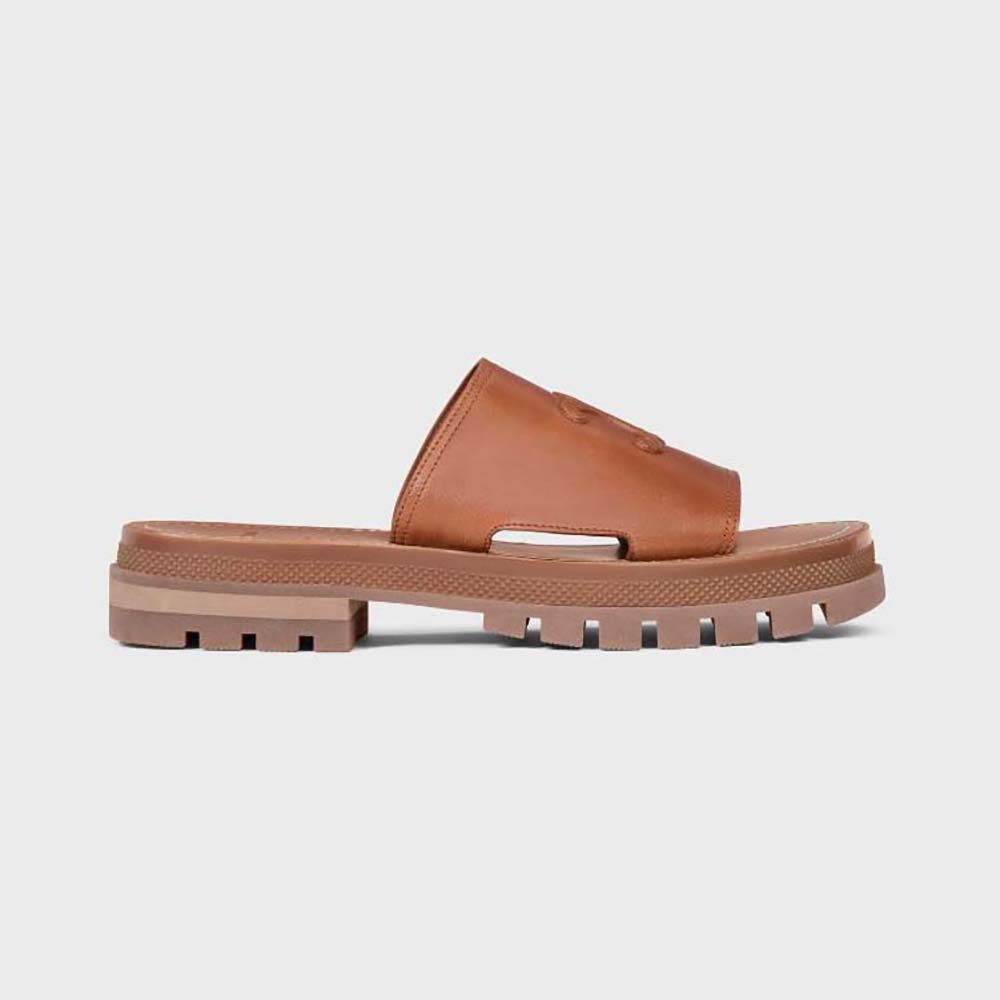 Side view of Celine Women Clea Triomphe Slide in brown calfskin
