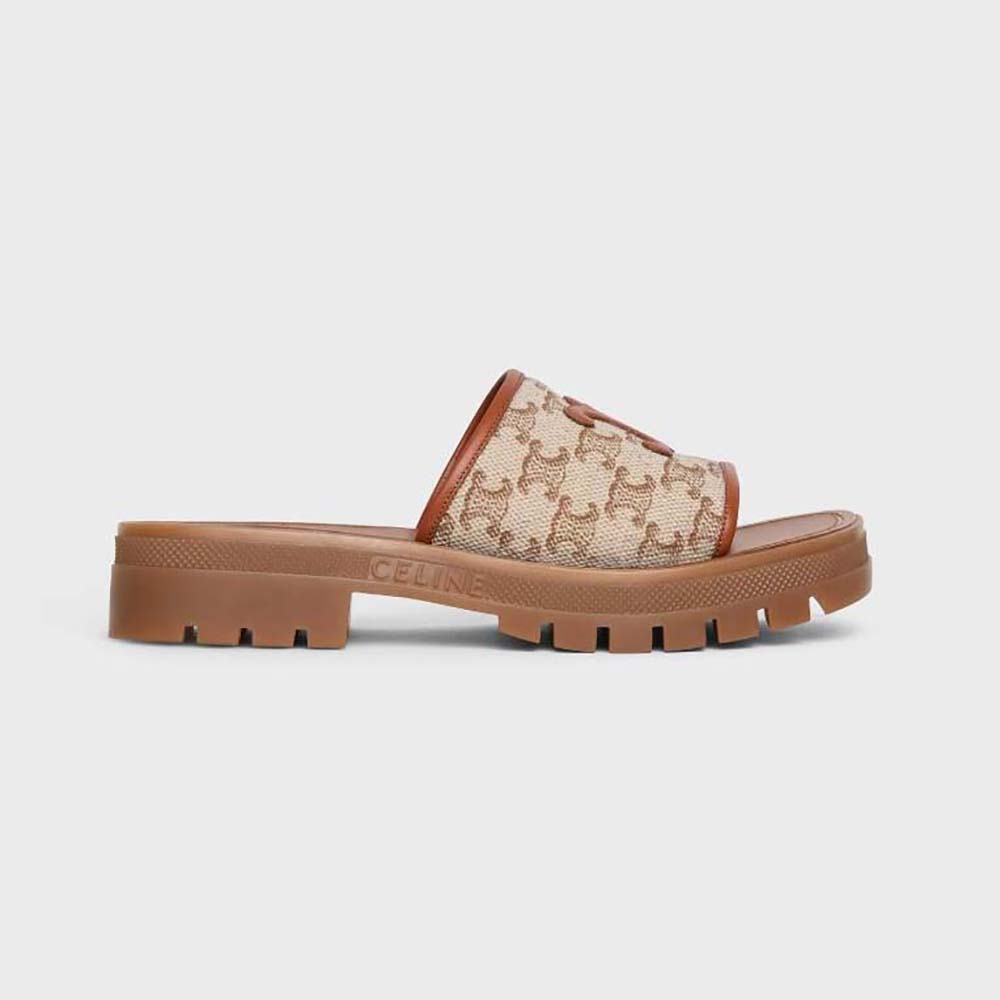 Front view of Celine Women Clea Triomphe Slide in brown canvas and calfskin