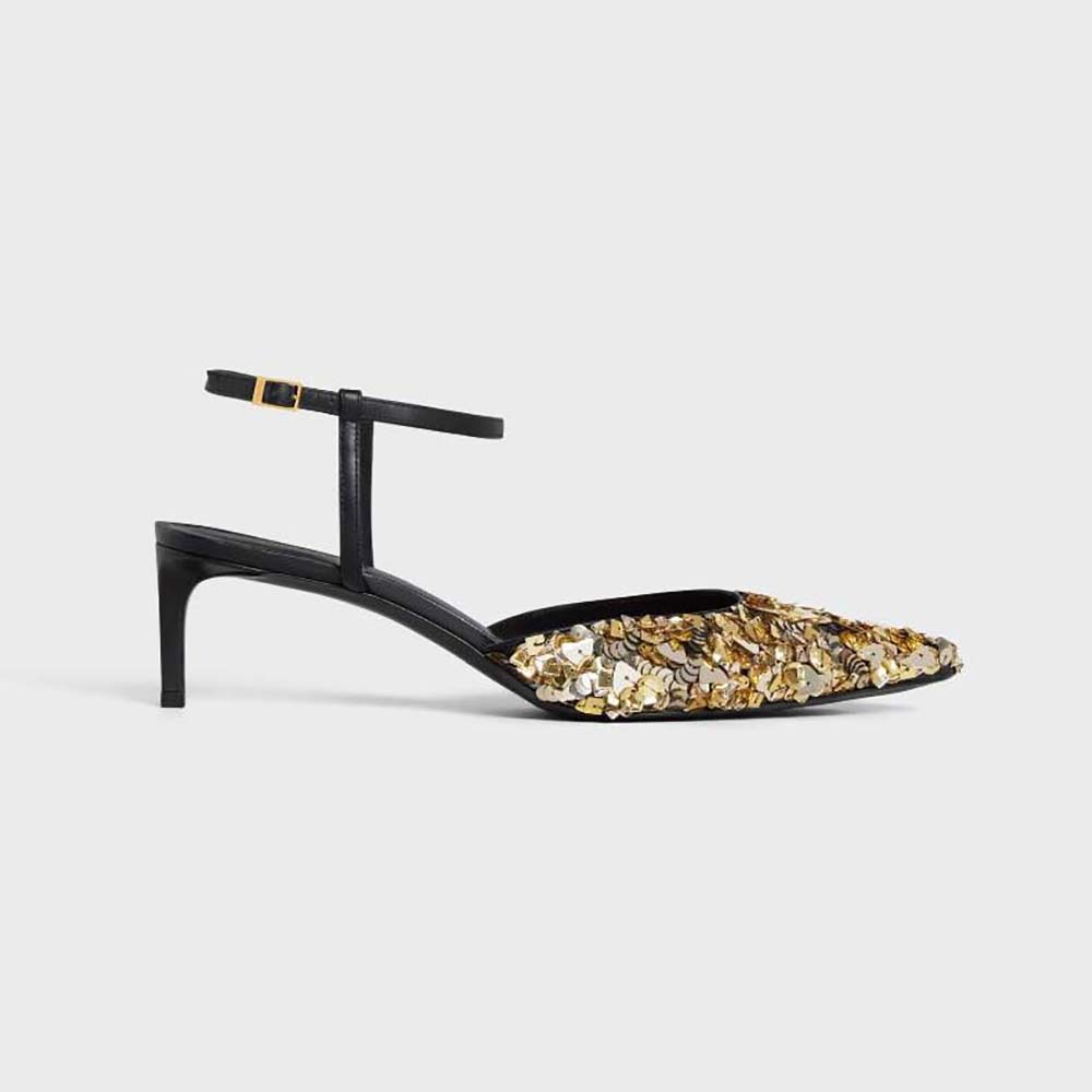 Side view of Celine Women Kitten in Embroidered Calfskin & Calfskin sandal