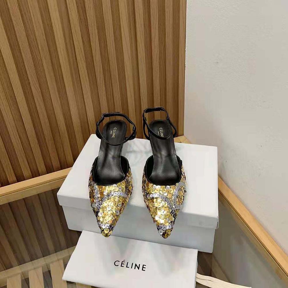 Close-up of black embroidered calfskin detail on Celine Women Kitten sandal
