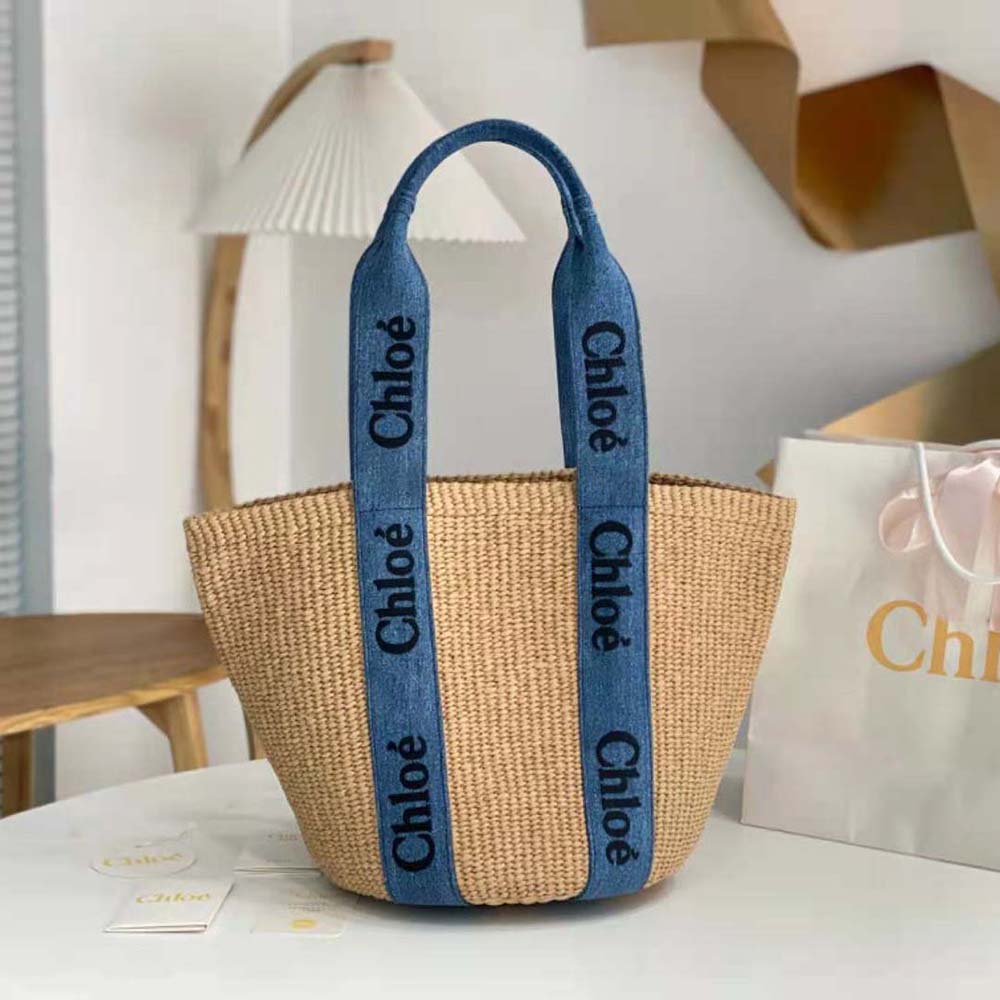 Close-up detail of navy leather trim and gold hardware on basket