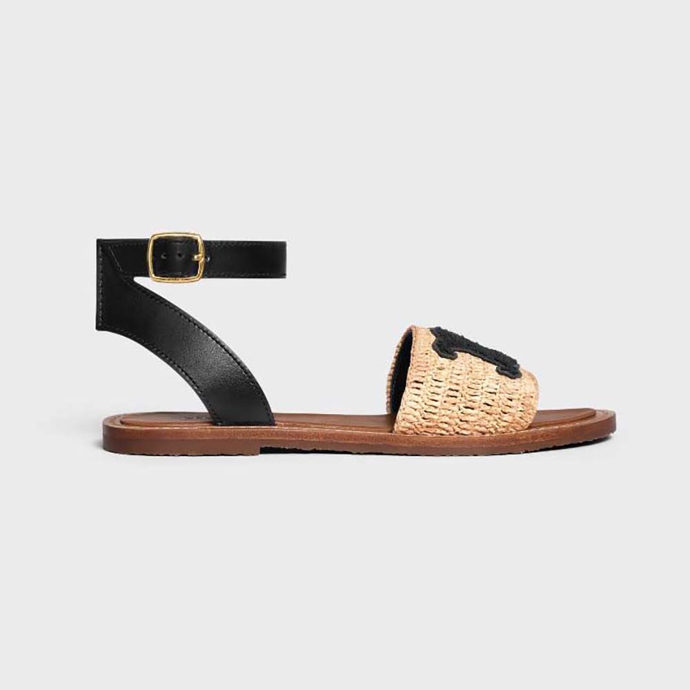 Side view of Celine Women Lympia Flat Strap Sandal in Raffia & Calfskin-Black