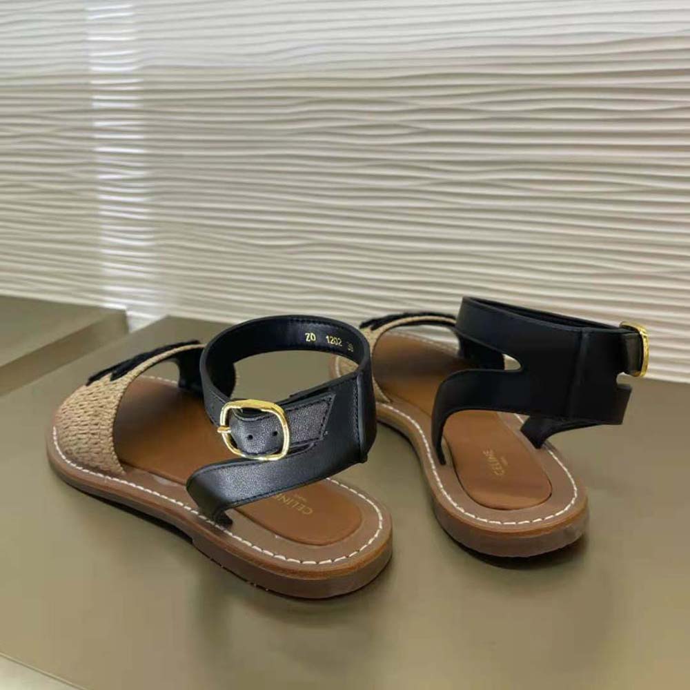 Celine Women Lympia Flat Strap Sandal in Raffia & Calfskin-Black - image 5