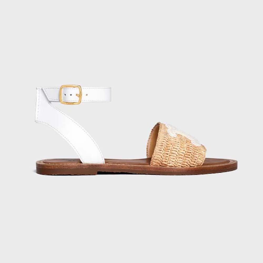 Side view of Celine Women Lympia Flat Strap Sandal in Raffia & Calfskin-White