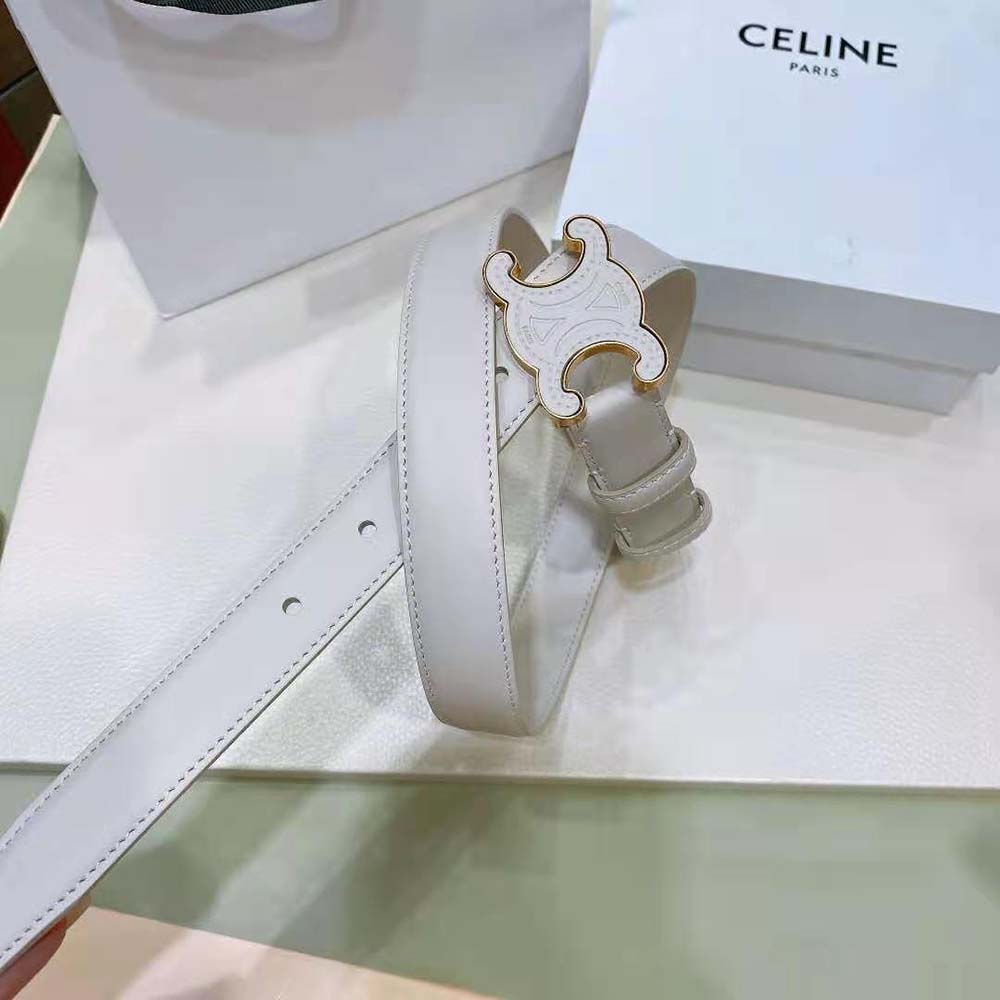 Side angle showing smooth calfskin texture on Celine Triomphe belt