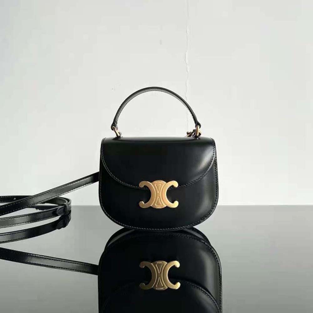 Close-up of gold-tone Triomphe clasp on Celine Women Mini Besace Triomphe