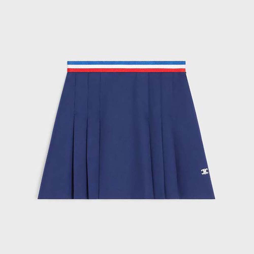 Front view of Celine Women Pleated Mini Skirt in Cotton Gabardine-Navy