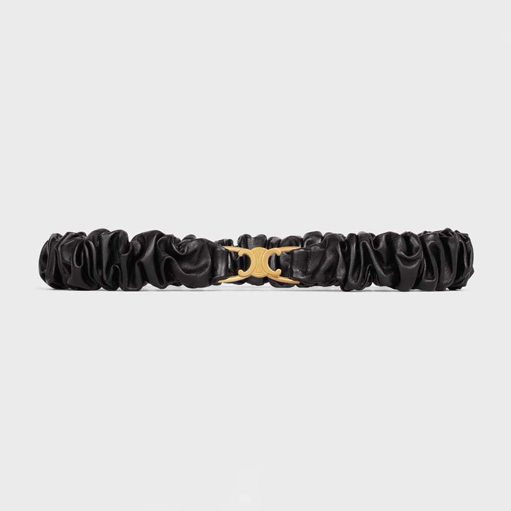 Front view of Celine Women Small Triomphe Scrunchy Belt in Lambskin-Black
