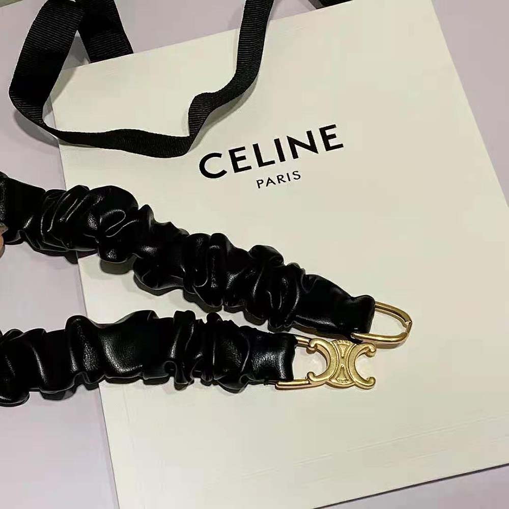 Side angle showing scrunchy lambskin texture on Celine Women Small Triomphe Scrunchy Belt