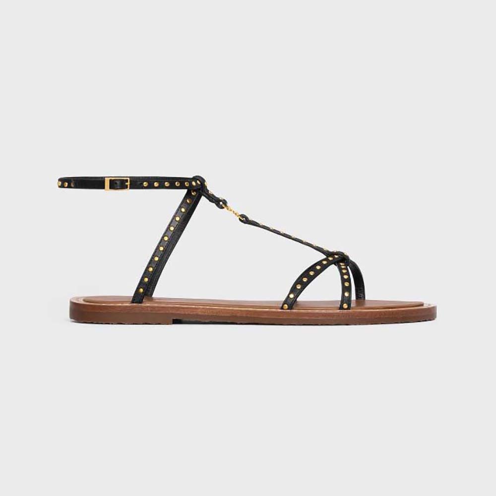 Side view of Celine Women Taillat Flat Sandal with Studs in black calfskin