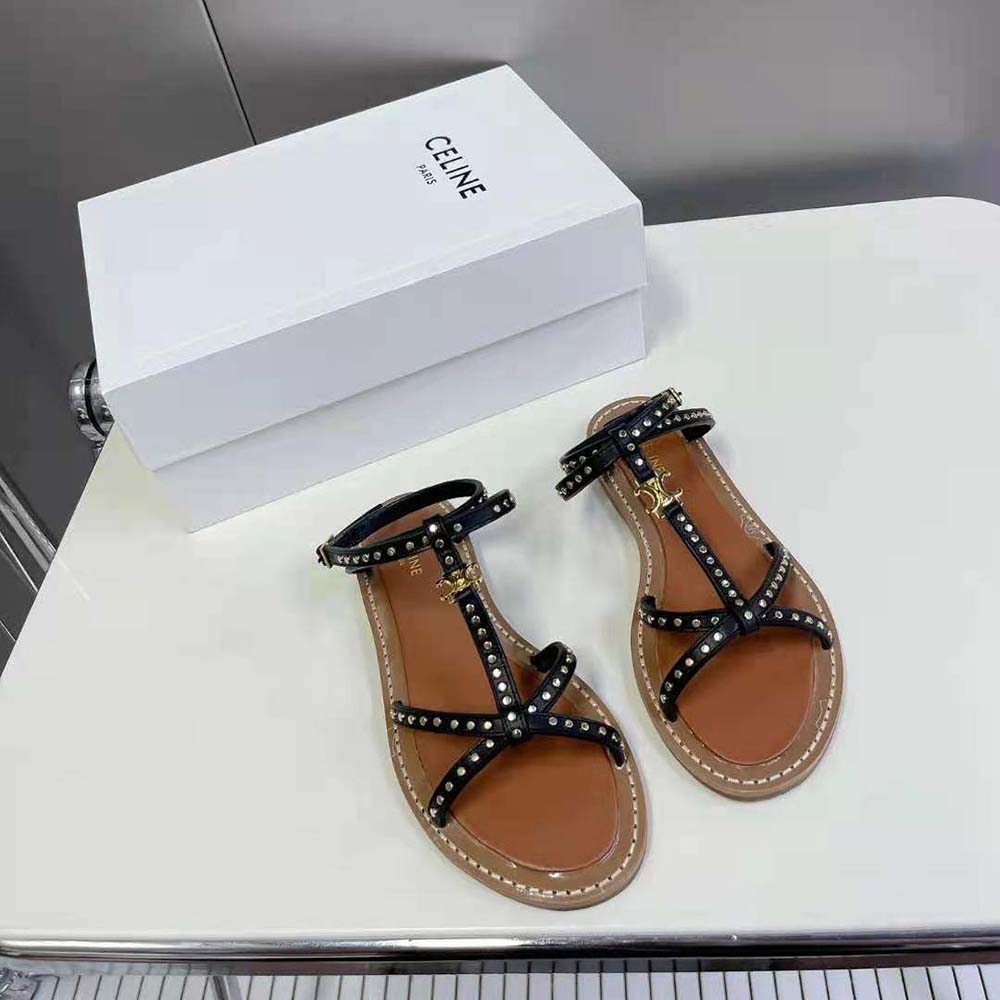 Close-up of stud detailing on Celine Women Taillat Flat Sandal black leather