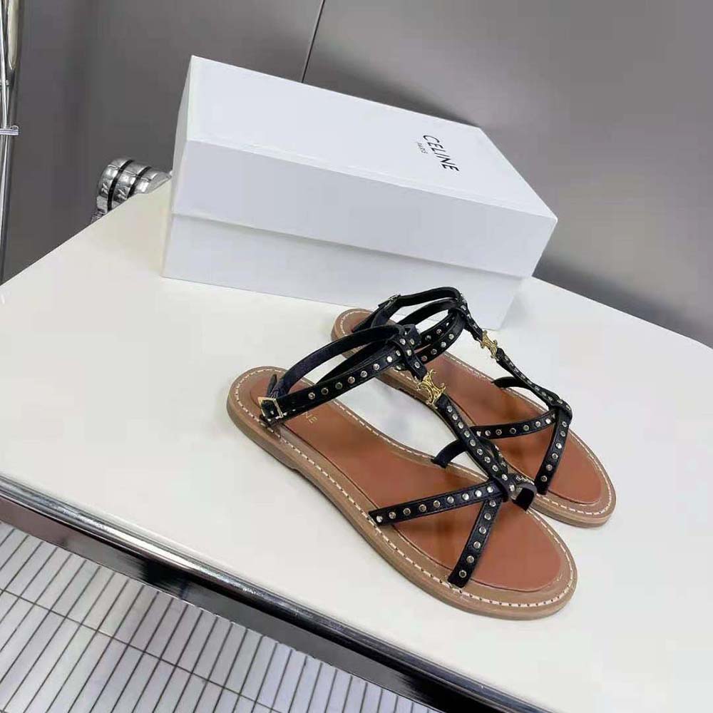 Top view showing slip-on silhouette of Celine Women Taillat Flat Sandal black