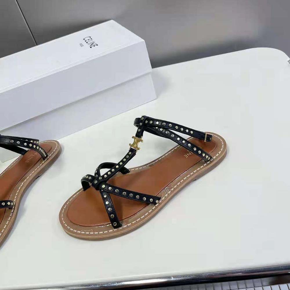 Celine Women Taillat Flat Sandal with Studs in Calfskin – Vegetal Tanning & Studs-Black - image 7