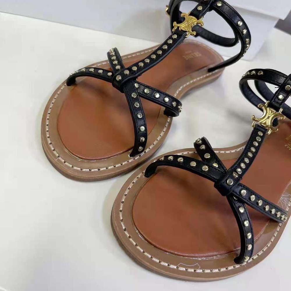Celine Women Taillat Flat Sandal with Studs in Calfskin – Vegetal Tanning & Studs-Black - image 9