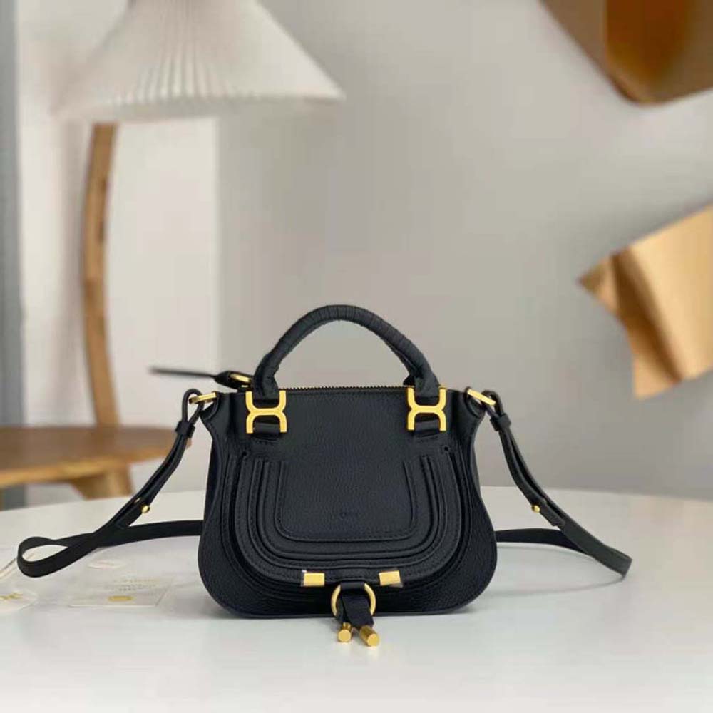 Close-up detail of gold hardware on Chloe Women Marcie Mini Double Carry Bag-Black
