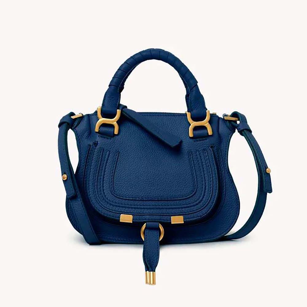Front view of Chloe Women Marcie Mini Double Carry Bag-Navy with whipstitch detail