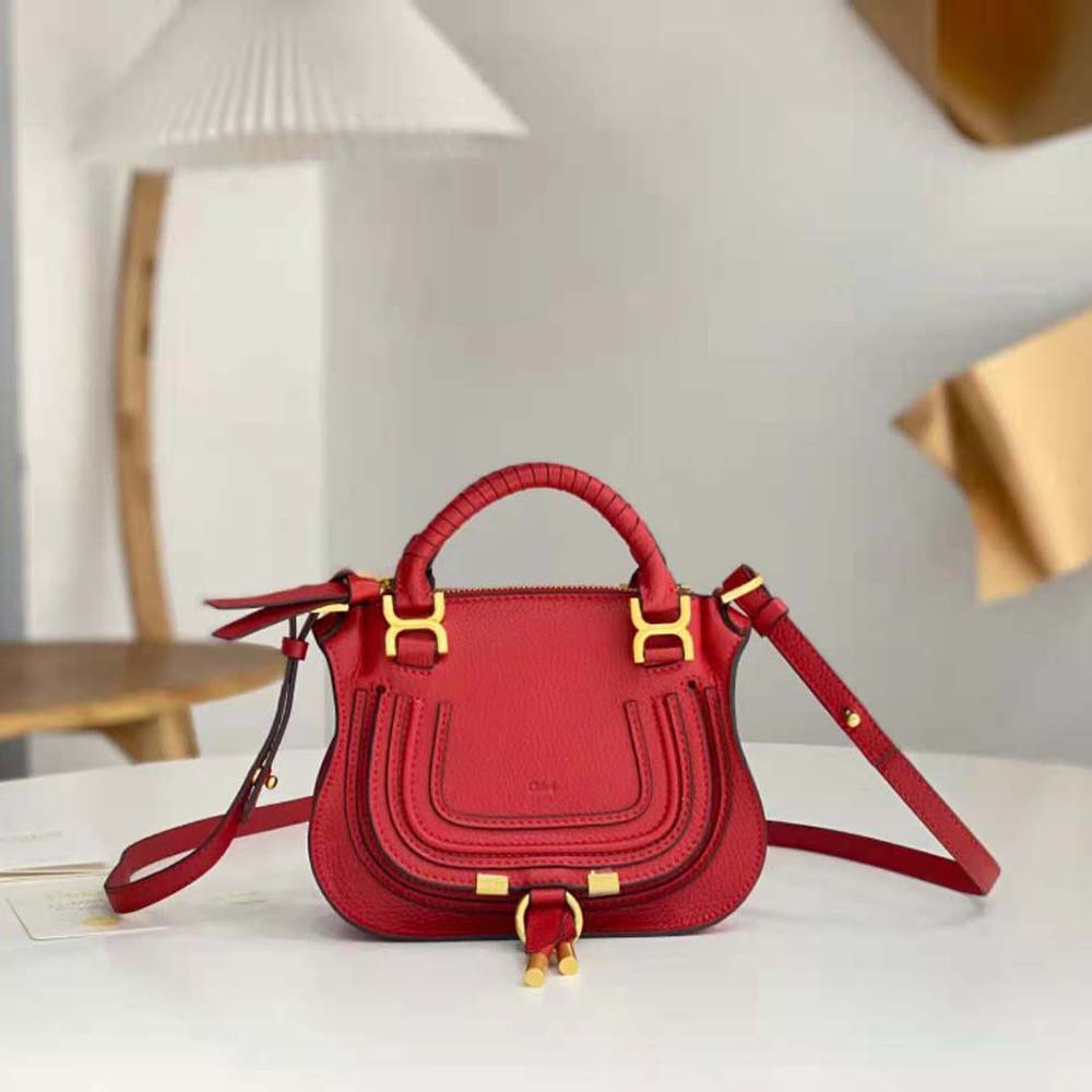 Close-up of braided handle detail on Chloe Women Marcie Mini Double Carry Bag-Red