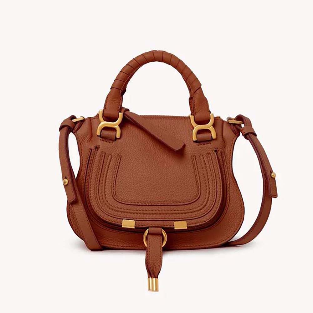 Front angle of Chloe Women Marcie Mini Double Carry Bag-Tan showing double handles