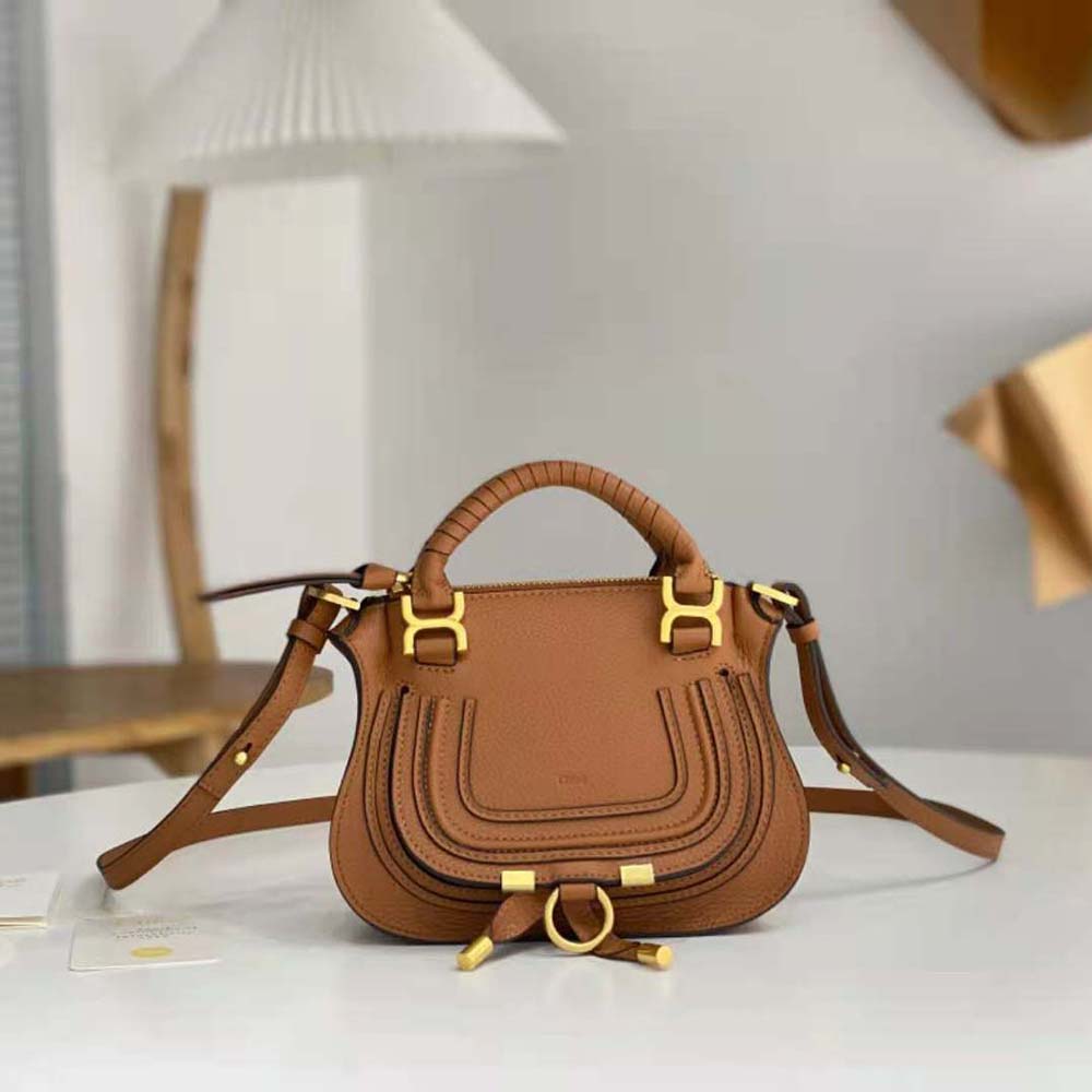 Close-up of gold-tone hardware detail on Chloe Women Marcie Mini Double Carry Bag-Tan
