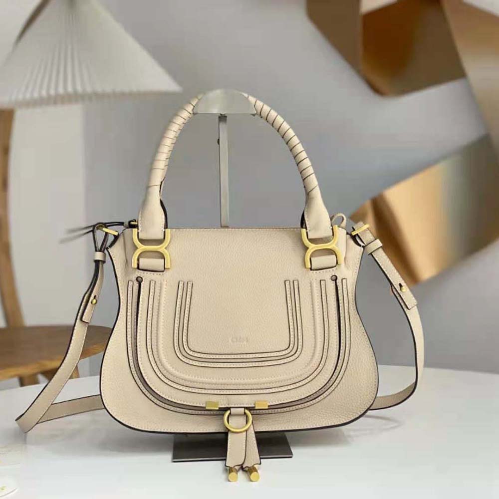 Close-up of gold-tone hardware on Chloe Women Marcie Small Double Carry Bag-Beige