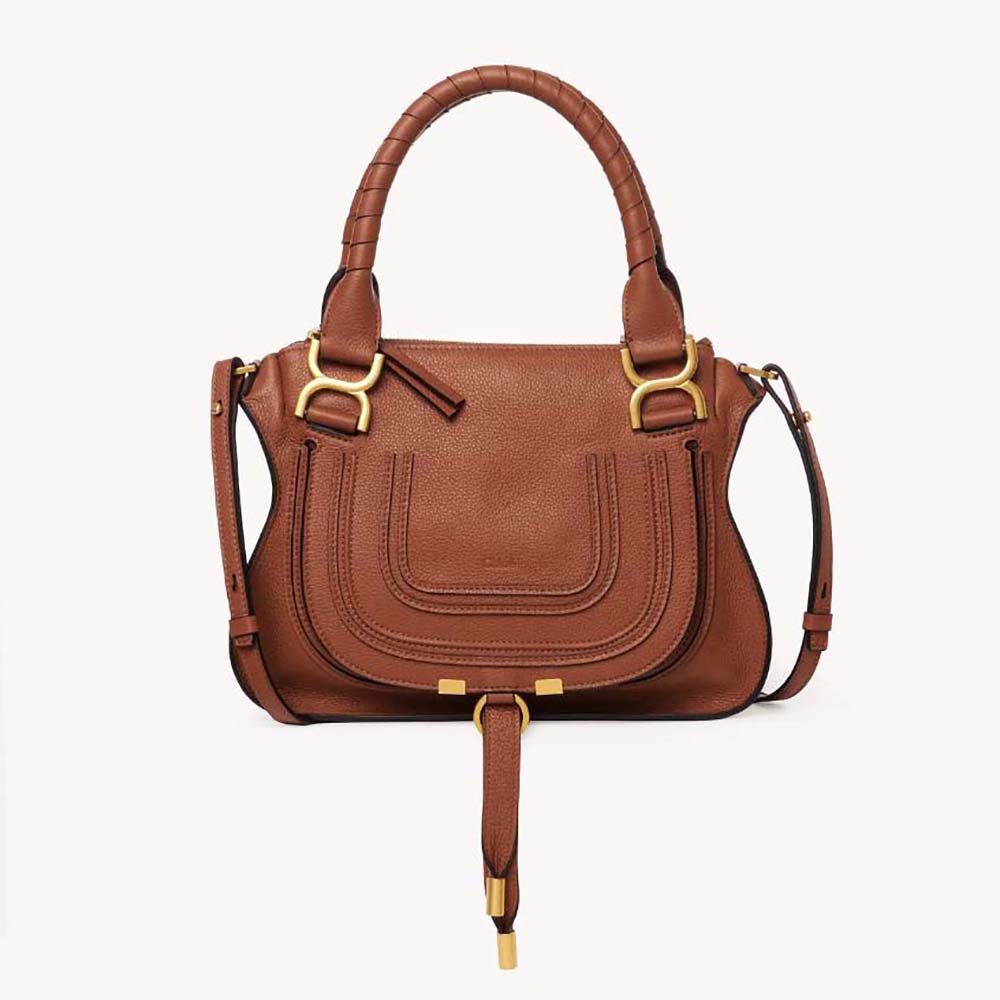 Front view of Chloe Women Marcie Small Double Carry Bag-Brown showing braided handle