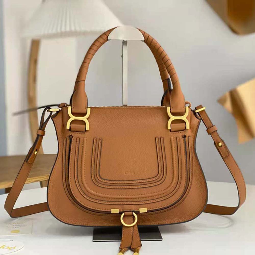 Side angle detail of Chloe Women Marcie Small Double Carry Bag-Brown gold hardware