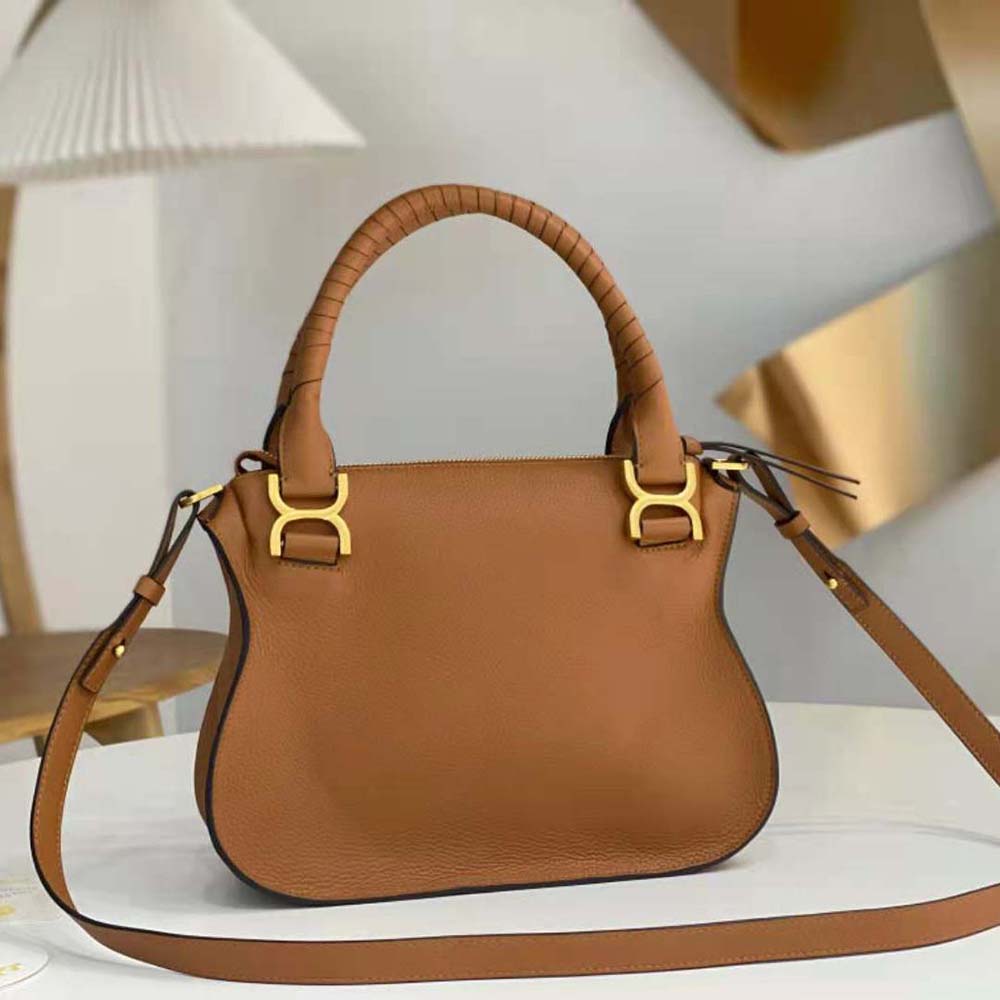 Top close-up of Chloe Women Marcie Small Double Carry Bag-Brown leather texture