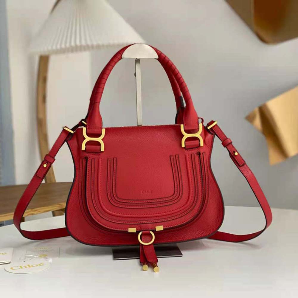 Close-up of gold-tone hardware on Chloe Women Marcie Small Double Carry Bag-Red