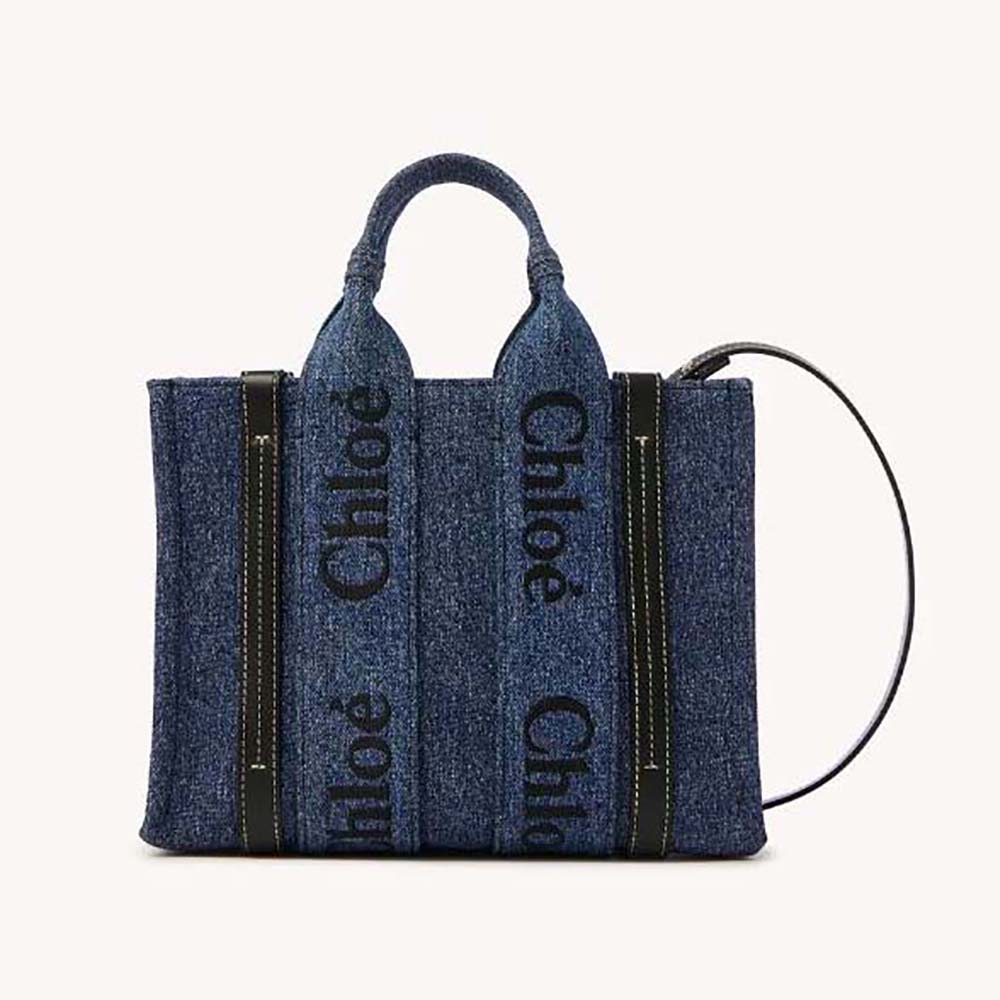 Front angle of Chloe Women Small Woody Tote Bag-Navy showing full silhouette