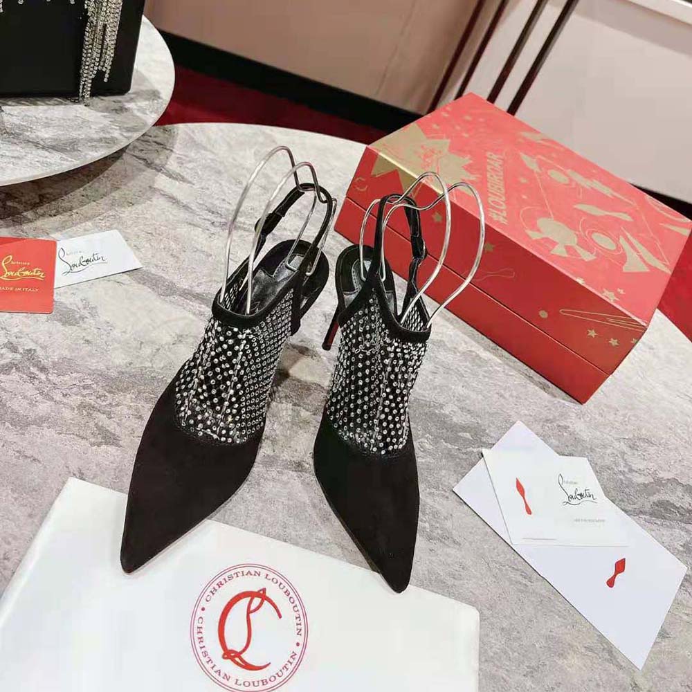 Close-up of strass embellishments on Christian Louboutin Women Plougesta Pump Strass