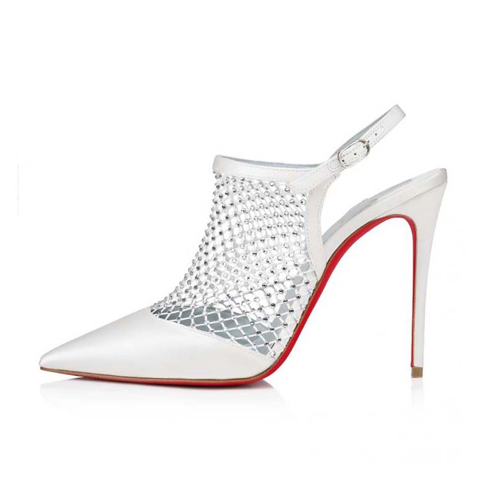 Side angle of Christian Louboutin Women Plougesta Pump Strass white heel
