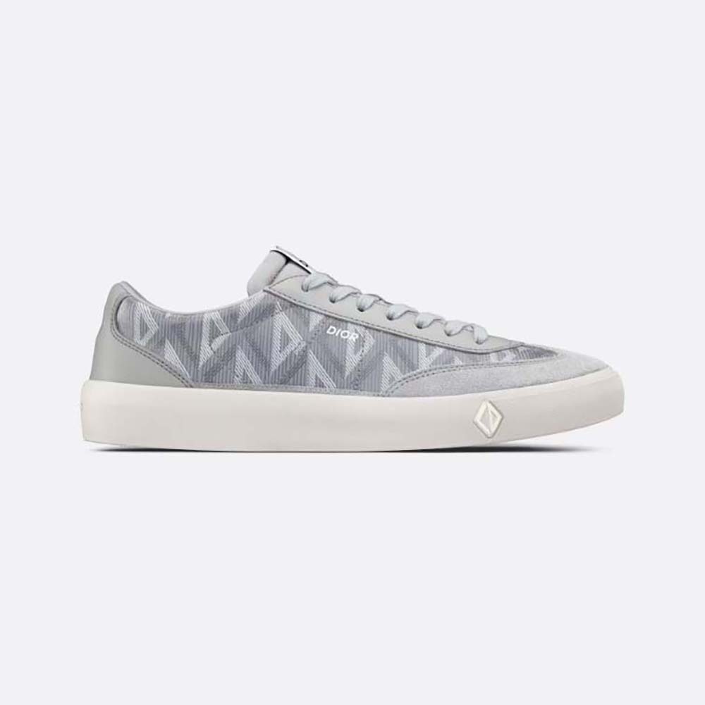 Side profile of Dior Men B101 Sneaker Dior Gray showing diamond canvas and calfskin