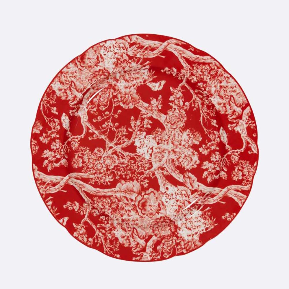 Front view of Dior Unisex Decorative Plate Red Toile de Jouy Hydrangea